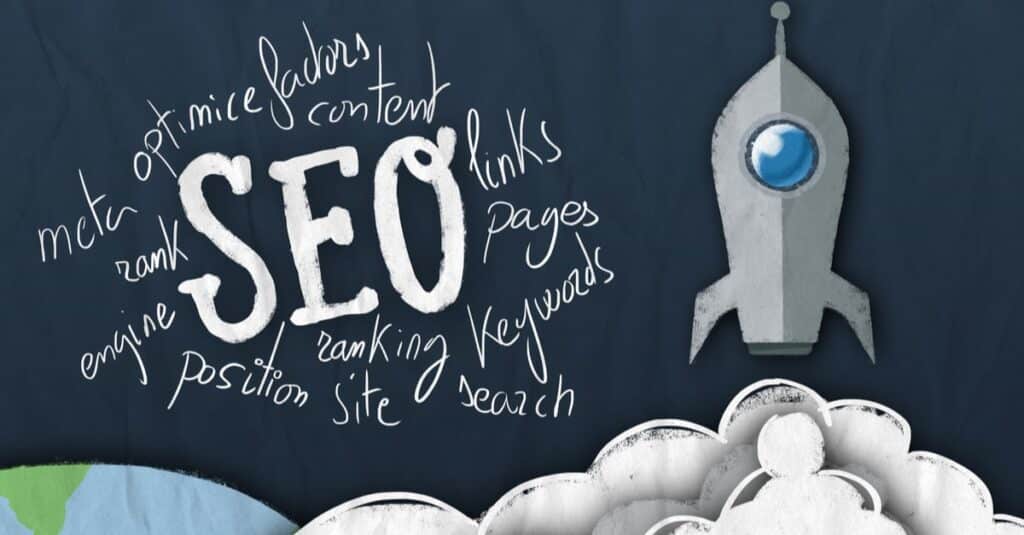 Rocket ship launching with a word cloud around seo