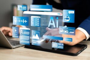 Man uses laptop to access AI Tool