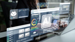 man working on a computer with AI search hologram