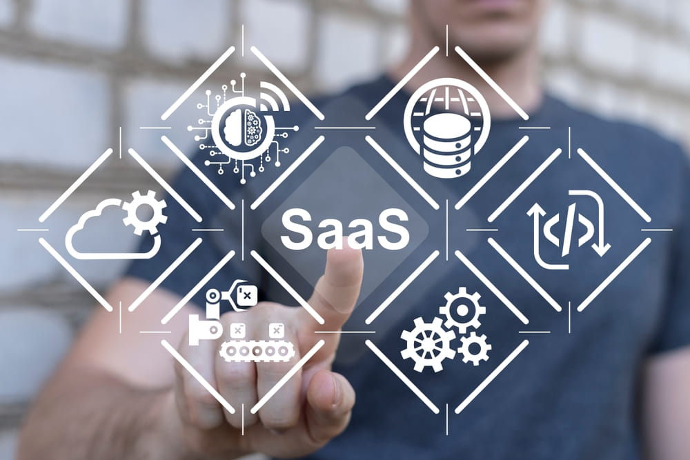 Person pressing hologram SaaS button
