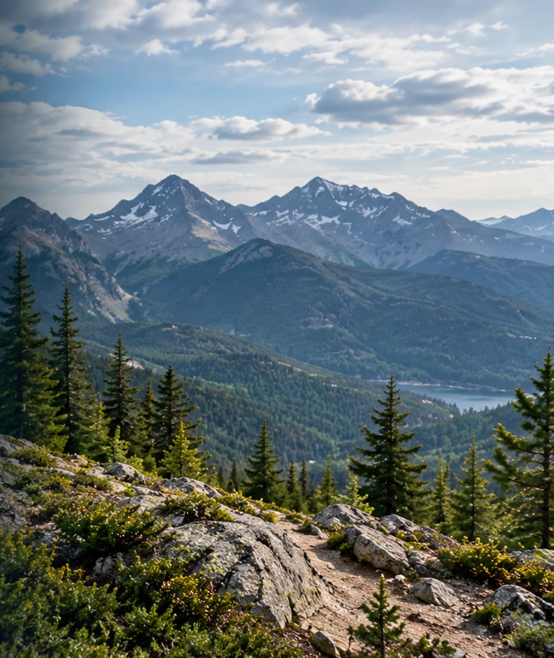 Paisaje montañoso y árido con bosques de pinos y picos alpinos