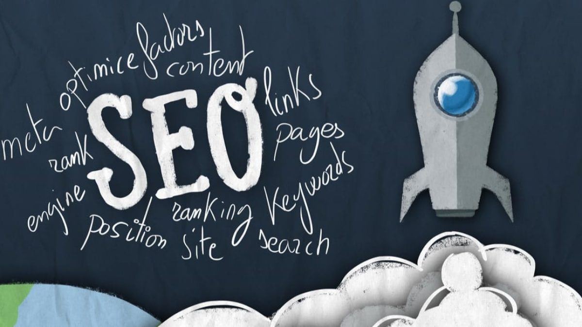 Rocket ship launching with a word cloud around seo